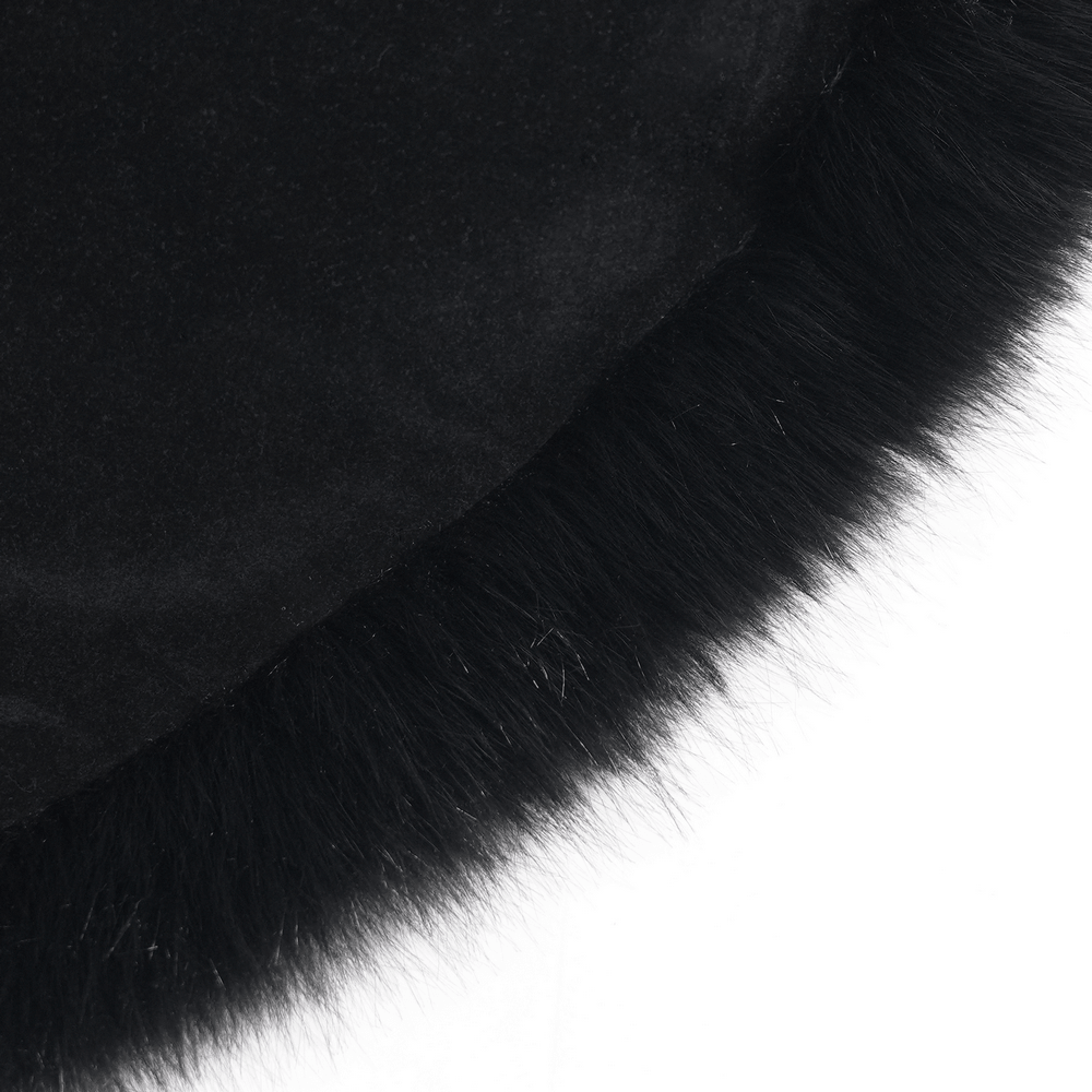 Female Black Gothic Victorian Velvet Cape with Fur Trim, close-up black velvet and faux fur edge for gothic elegance