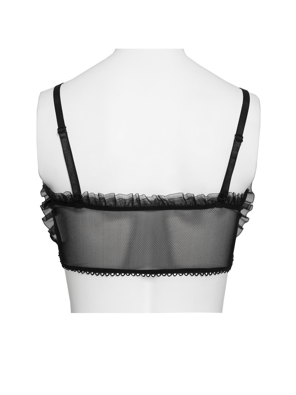 Female Black Lace Crop Top with Ruffle Trim Detail showcasing sheer mesh back and ruffle trim accents for gothic outfits.