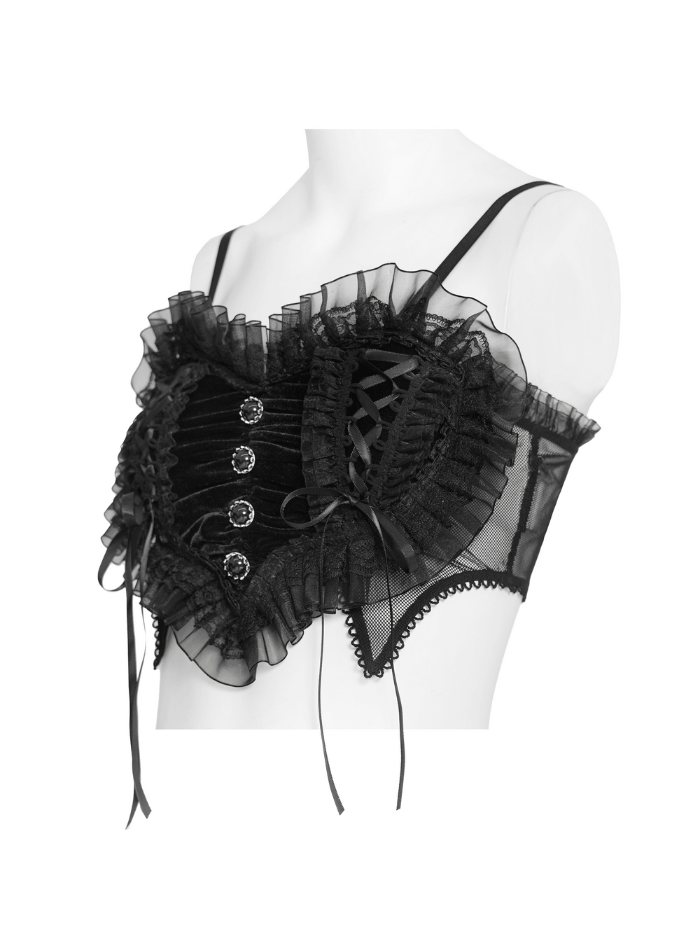 Female Black Lace Crop Top with Ruffle Trim Detail showcasing layered ruffles and lace-up sides.