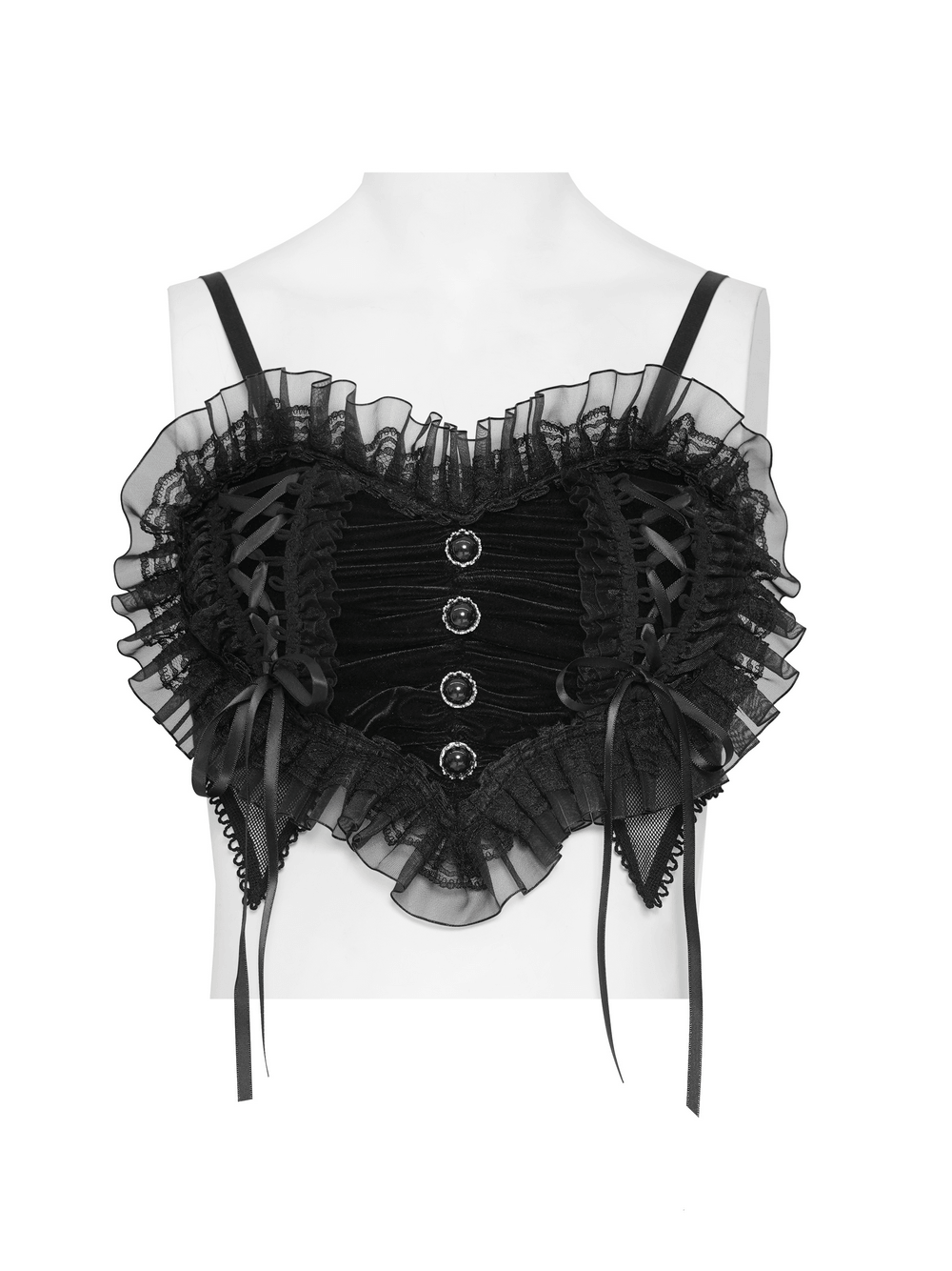 Female Black Lace Crop Top with Ruffle Trim Detail featuring layered ruffles, lace-up accents, and jewel buttons.
