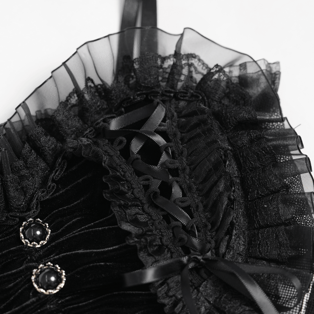 Female Black Lace Crop Top with Ruffle Trim Detail featuring layered ruffle trim and lace-up side accents.