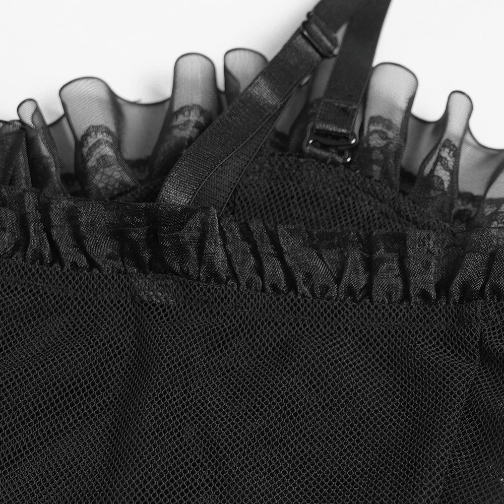 Female Black Lace Crop Top with Ruffle Trim Detail featuring sheer mesh back and layered ruffle trim.