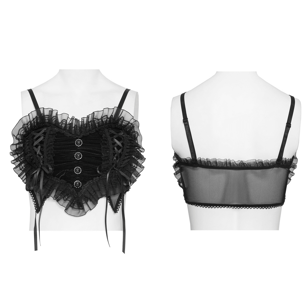 Female Black Lace Crop Top with Ruffle Trim Detail showcasing ruffle trim, lace-up accents, and sheer mesh back.