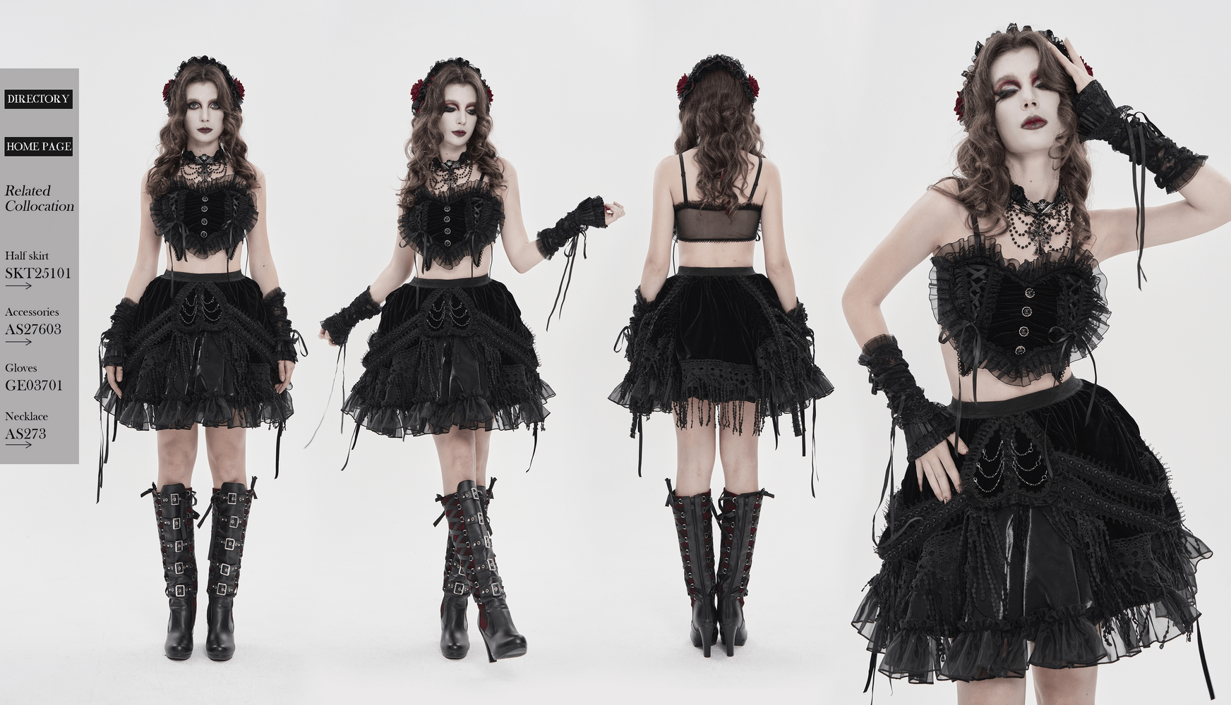 Female Black Lace Crop Top with Ruffle Trim Detail showcased in a gothic outfit with layered ruffles and sheer mesh.