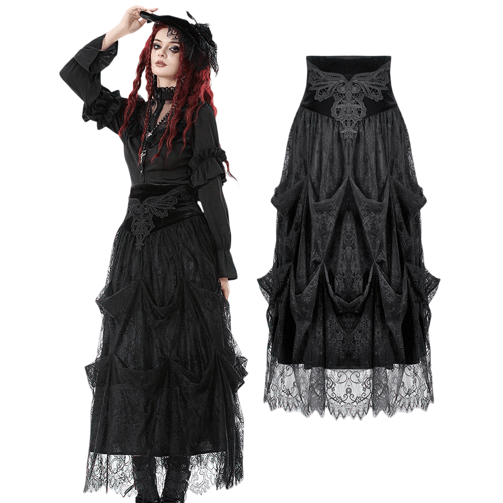 Female Black Lace Layered High Waist Long Skirt worn by a model showcasing its elegant tiered design.