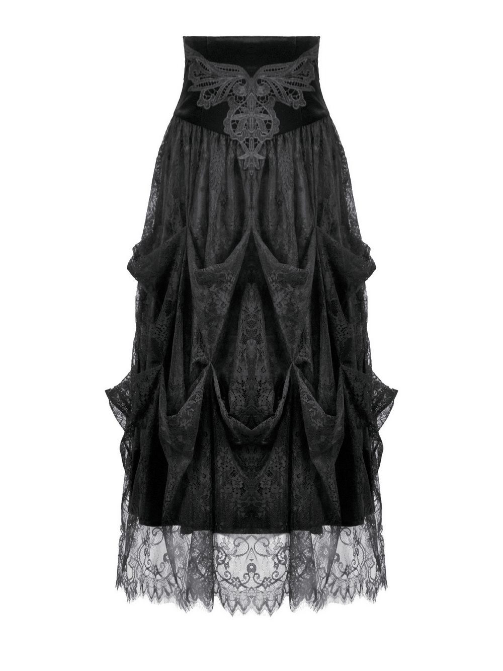 Female Black Lace Layered High Waist Long Skirt with intricate lace and Victorian charm for gothic elegance.