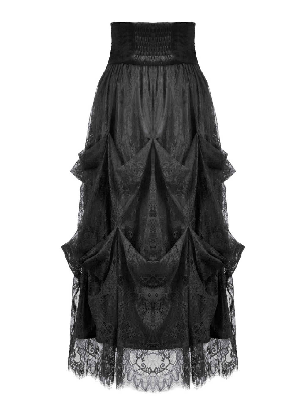 Female Black Lace Layered High Waist Long Skirt with Victorian inspired tiers and elegant lace design.
