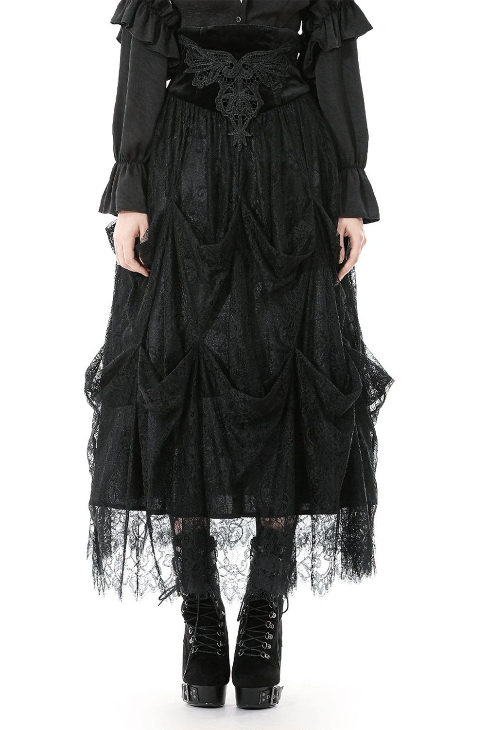 Female Black Lace Layered High Waist Long Skirt showcasing Victorian elegance with tiered lace and intricate hemline.