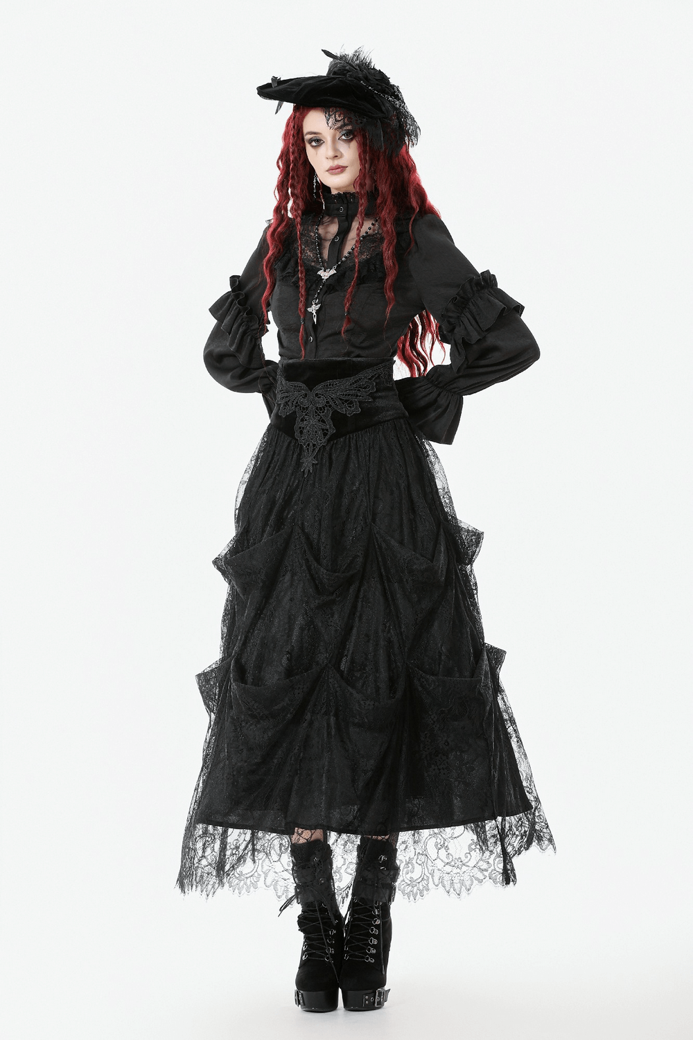 Female Black Lace Layered High Waist Long Skirt modeled with gothic elegance and Victorian charm.