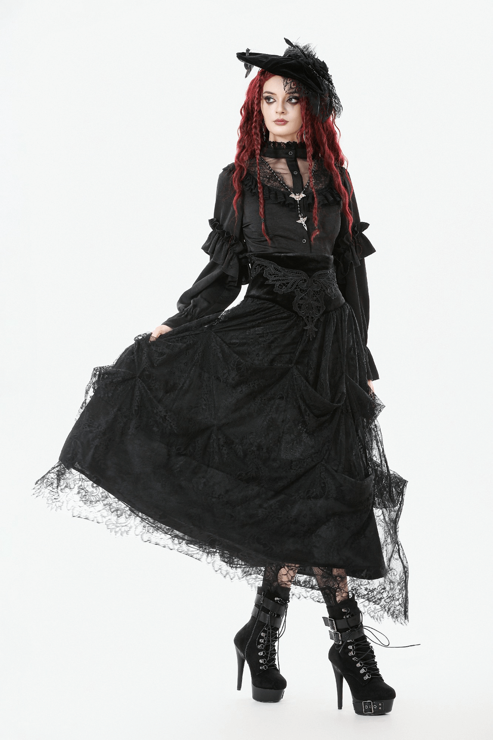 Female Black Lace Layered High Waist Long Skirt worn by a model with red hair and gothic style accessories.