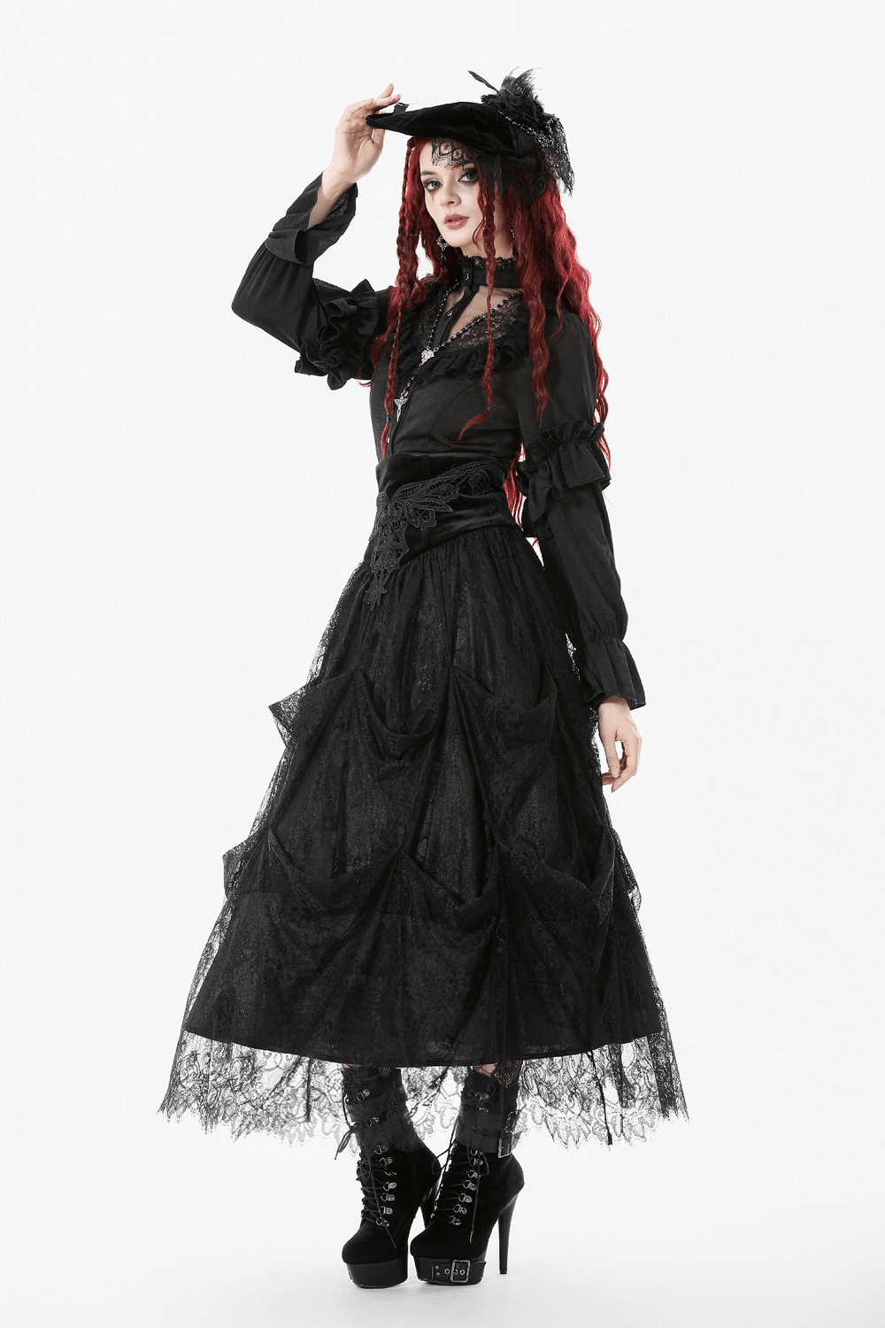 Female Black Lace Layered High Waist Long Skirt styled with a gothic blouse and vintage accessories.