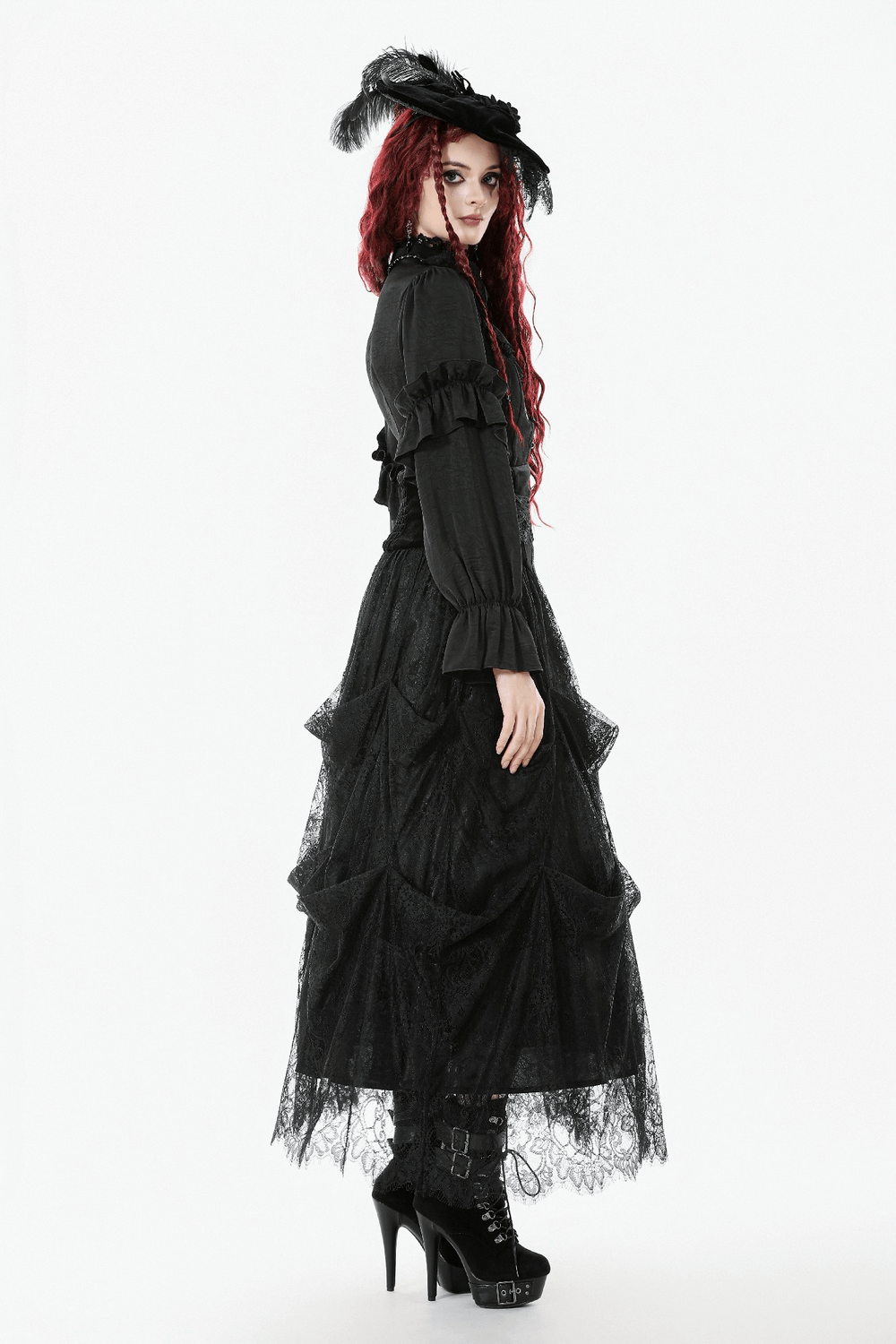 Female Black Lace Layered High Waist Long Skirt modeled with a stylish gothic outfit, showcasing romantic elegance.