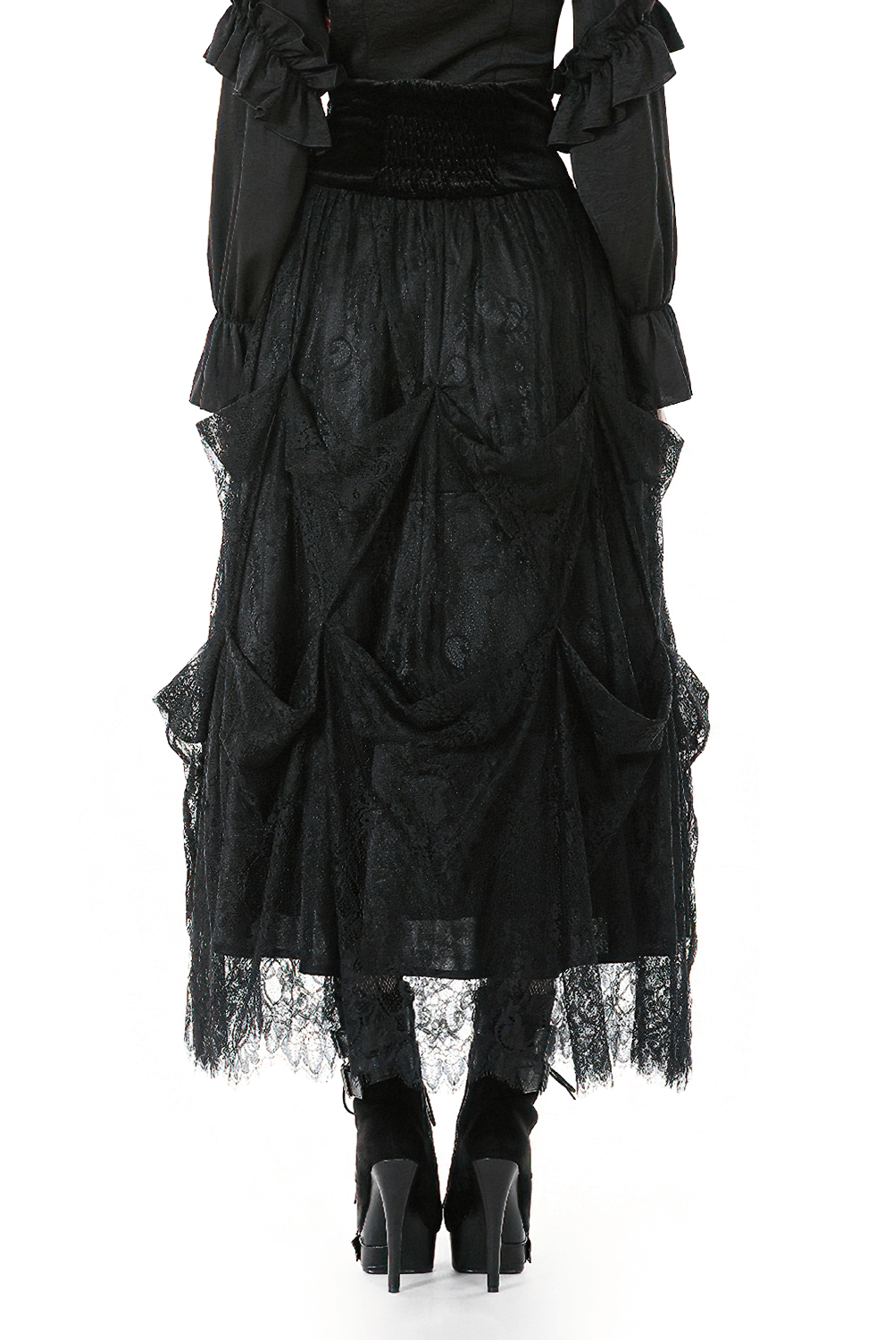 Female Black Lace Layered High Waist Long Skirt showcased with a tiered design and elegant lace detailing.