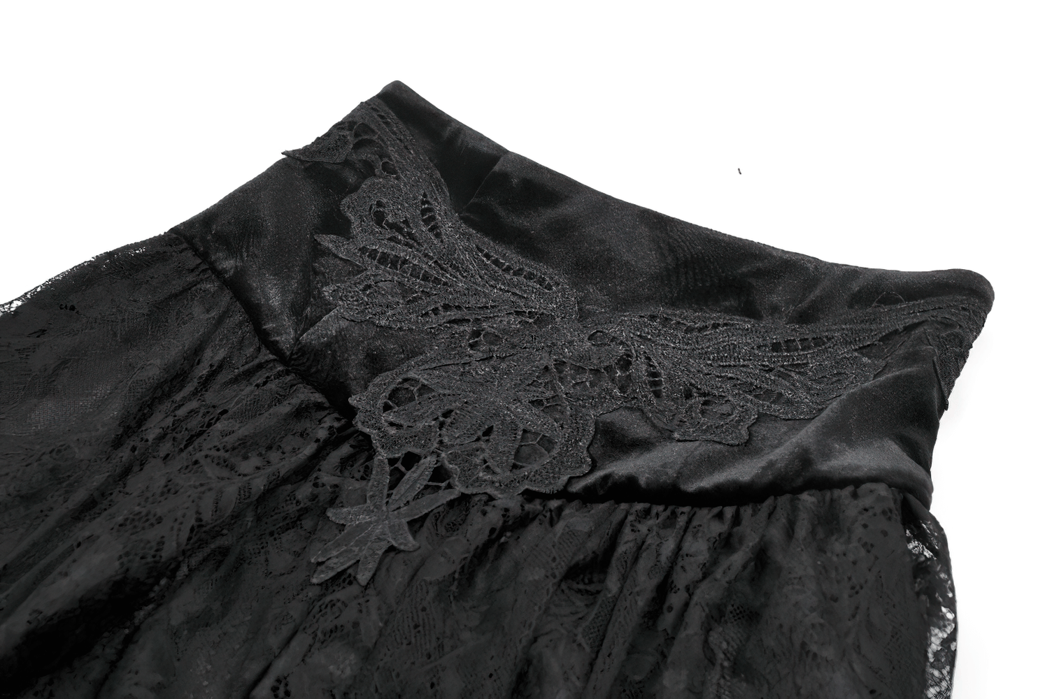 Female Black Lace Layered High Waist Long Skirt with intricate lace details on the waistline for a gothic look.