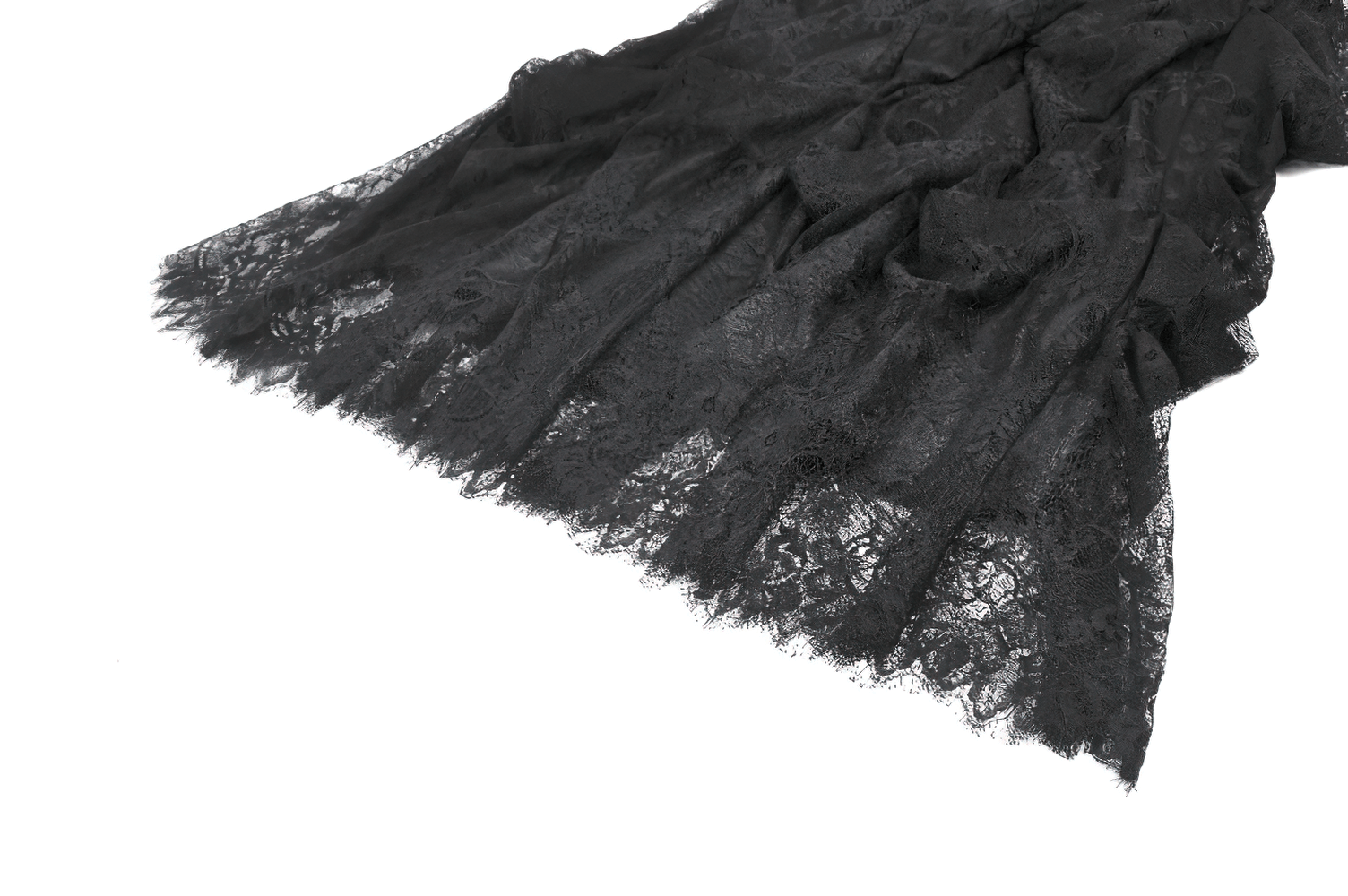 Female Black Lace Layered High Waist Long Skirt showcasing intricate lace detailing and flowy design.