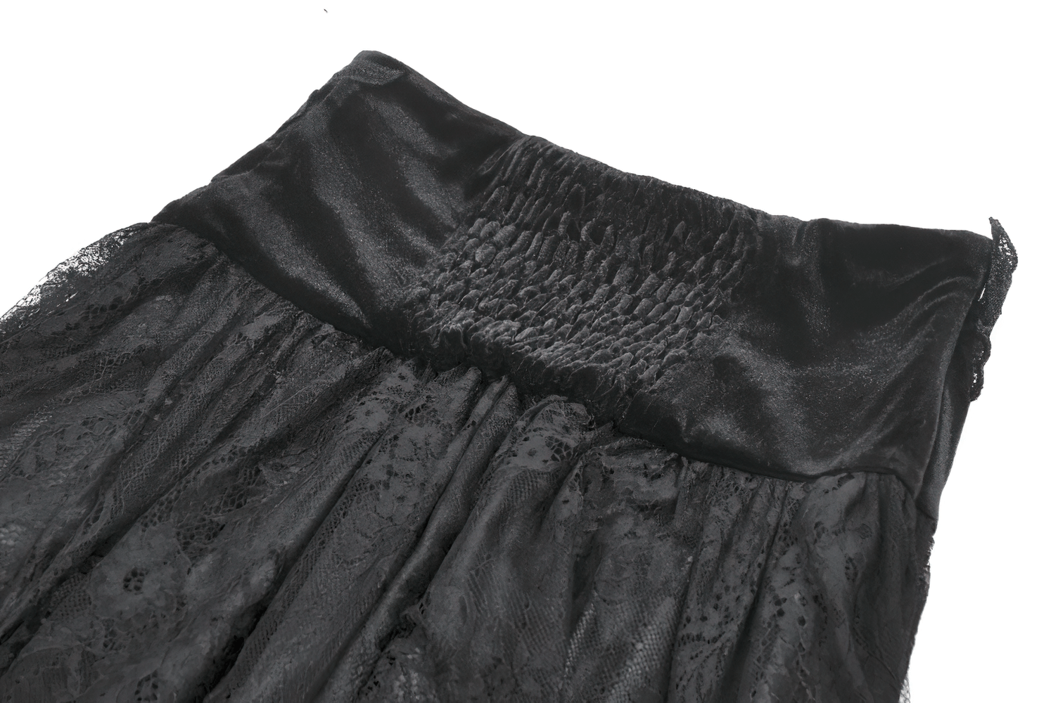 Female Black Lace Layered High Waist Long Skirt showing the smocked waistband and lace fabric details.