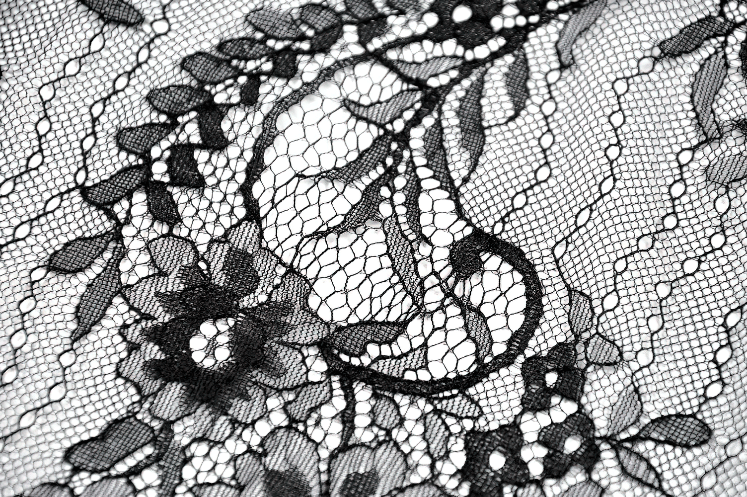 Close-up of intricate black lace featuring floral patterns, ideal for a Female Black Lace Layered High Waist Long Skirt.