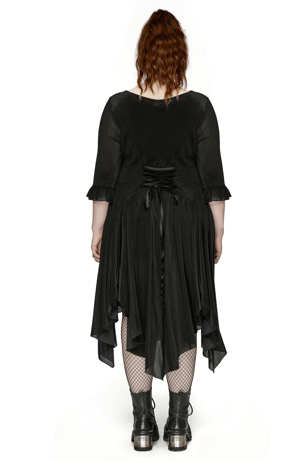 Robe noire asymétrique à manches longues et lacets dans le dos pour femme