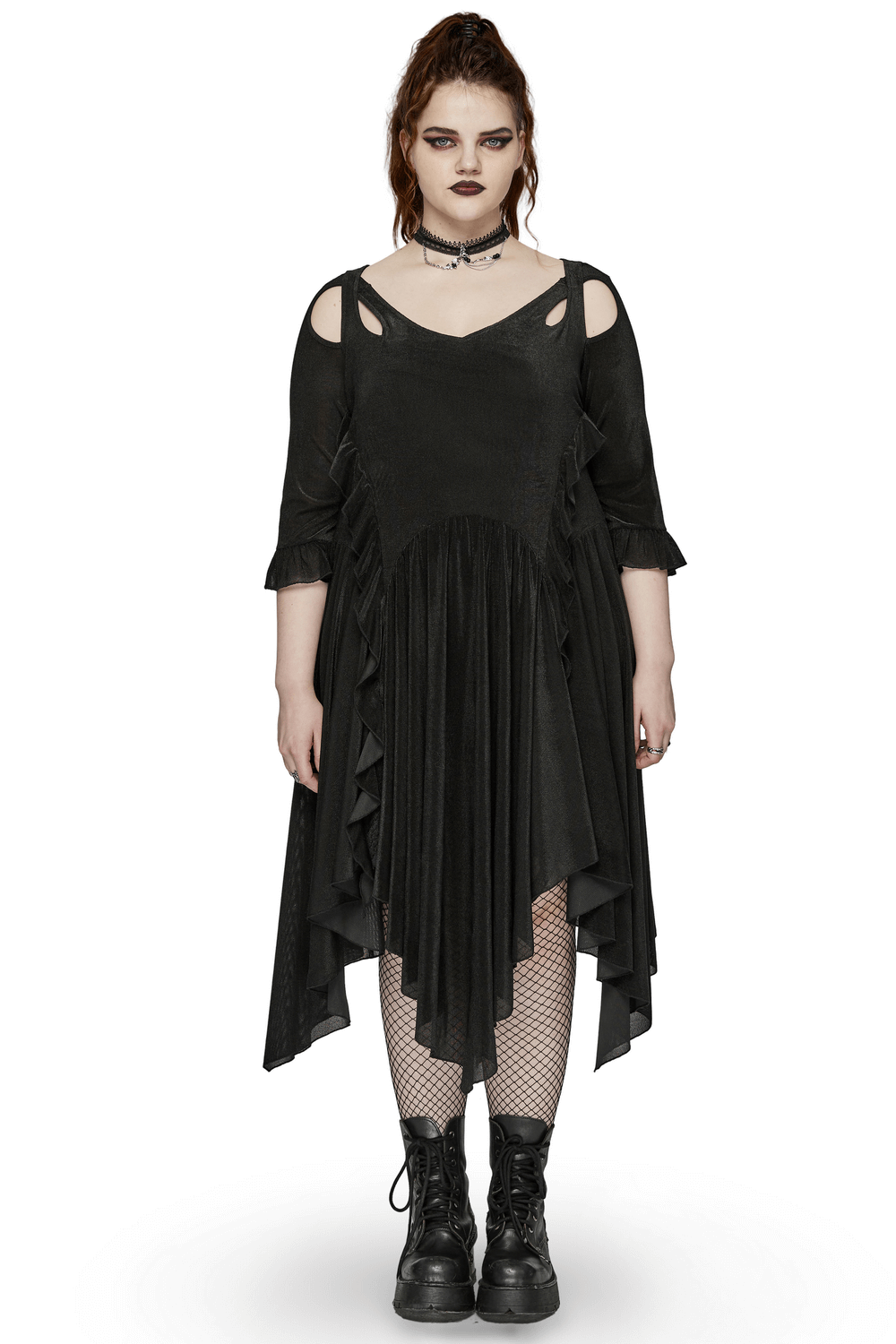 Female Black Lace-Up Back Asymmetrical Long Sleeves Dress