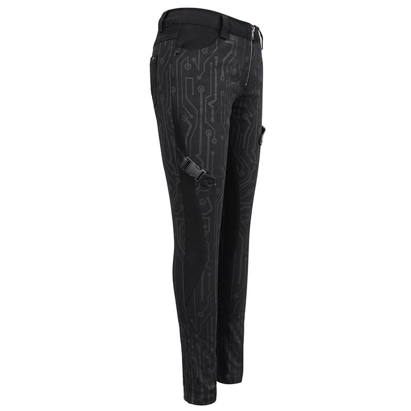 Women's black skinny pants with cyberpunk print, featuring a form-fitting cut and stylish details for unique outfits.