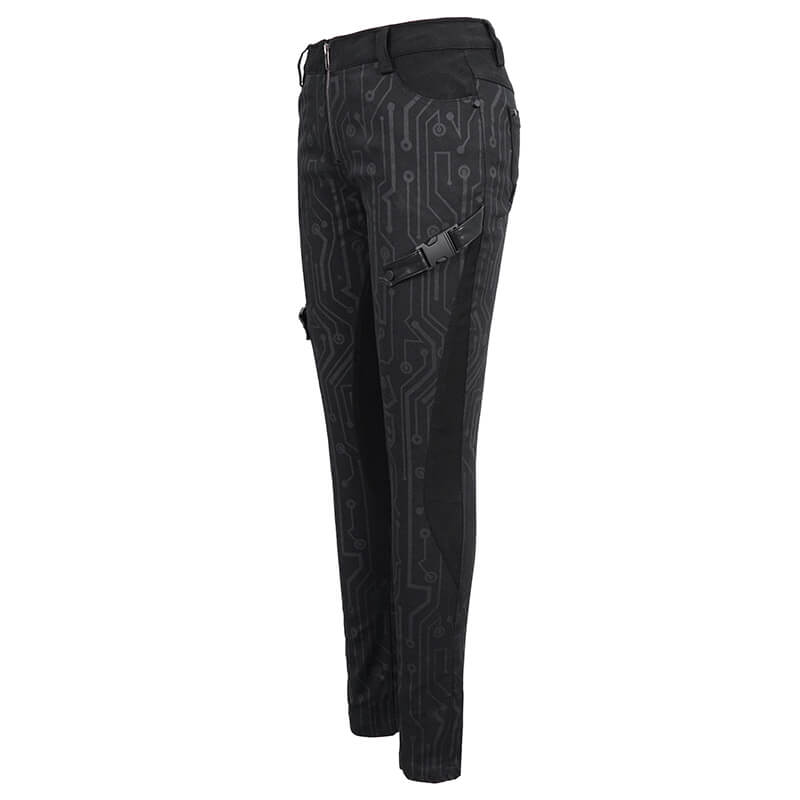 Sleek black cyberpunk skinny pants for women with edgy print and form-fitting style. Perfect for standout outfits.