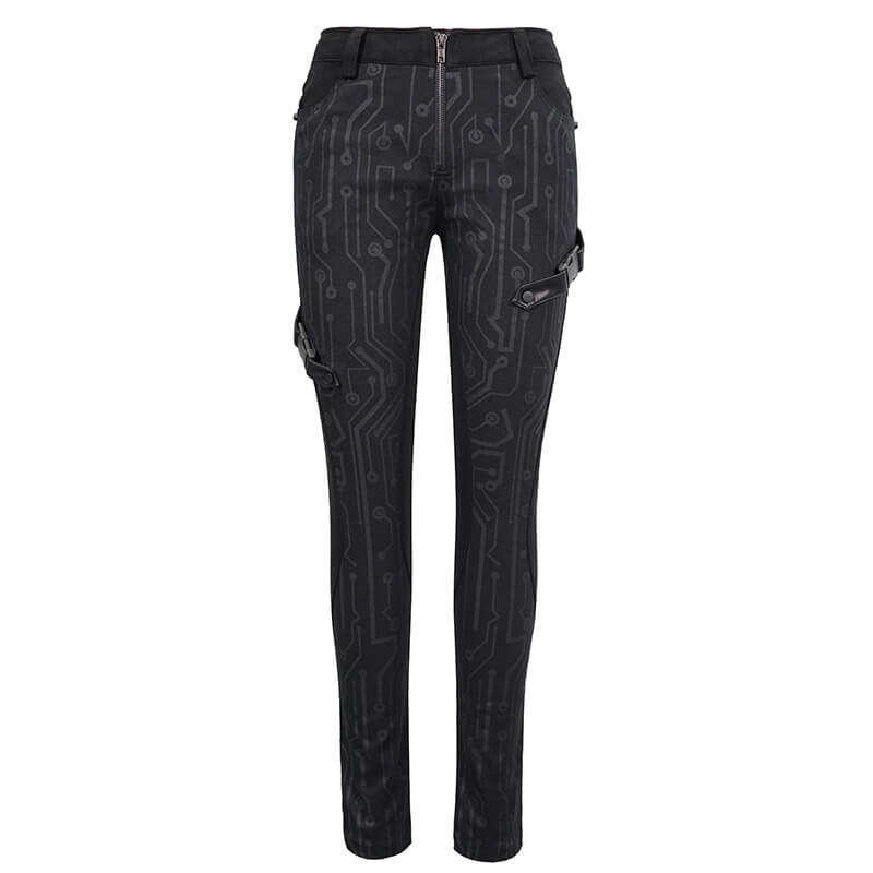 Women's black cyberpunk skinny pants with stylish circuit print design and form-fitting cut.