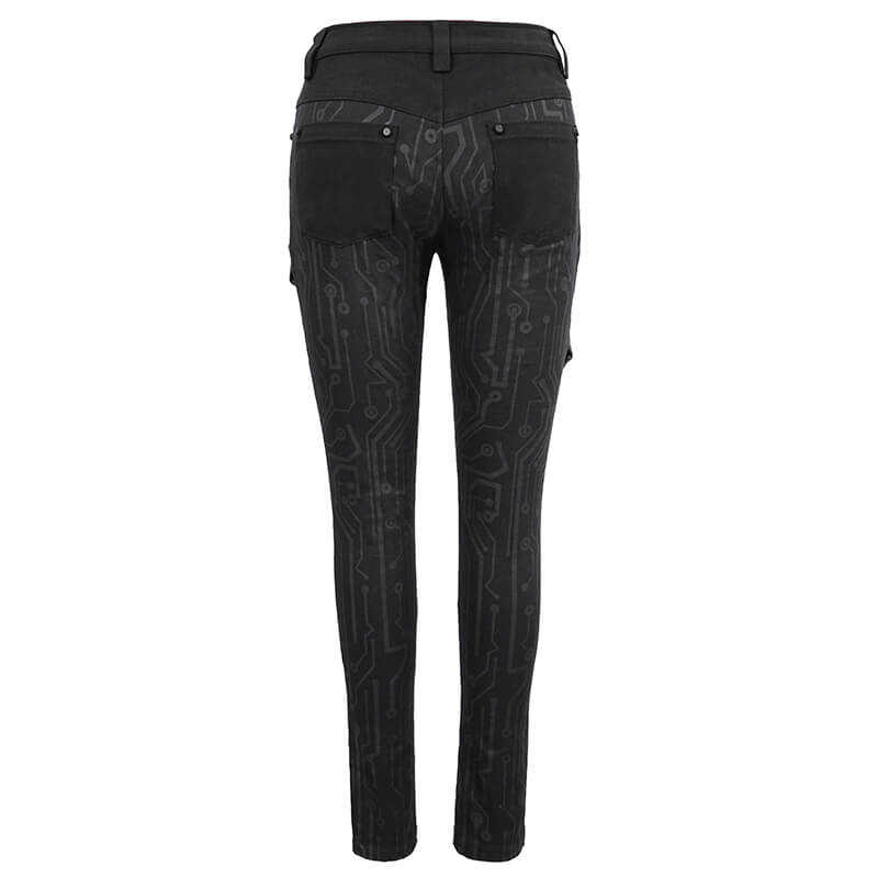 Women's black cyberpunk skinny pants with stylish print, EU sale. Form-fitting design perfect for creating futuristic outfits.