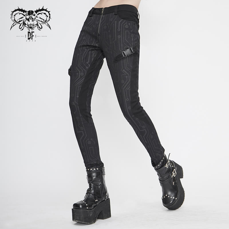 Stylish female black long skinny pants with cyberpunk print, accentuating figure, perfect for edgy outfits.