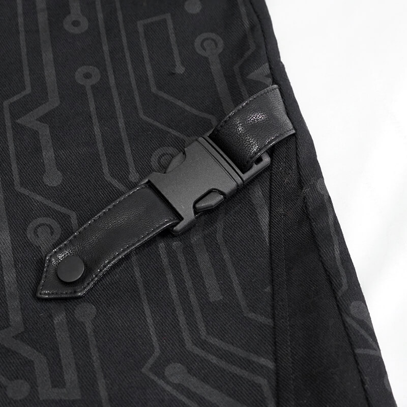 Close-up of the buckle and printed fabric on women's black skinny cyberpunk pants, showcasing stylish design elements.