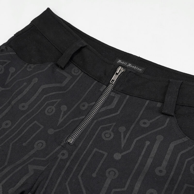 Close-up of black skinny pants featuring a stylish cyberpunk circuit print and zipper detail for trendy women's fashion.