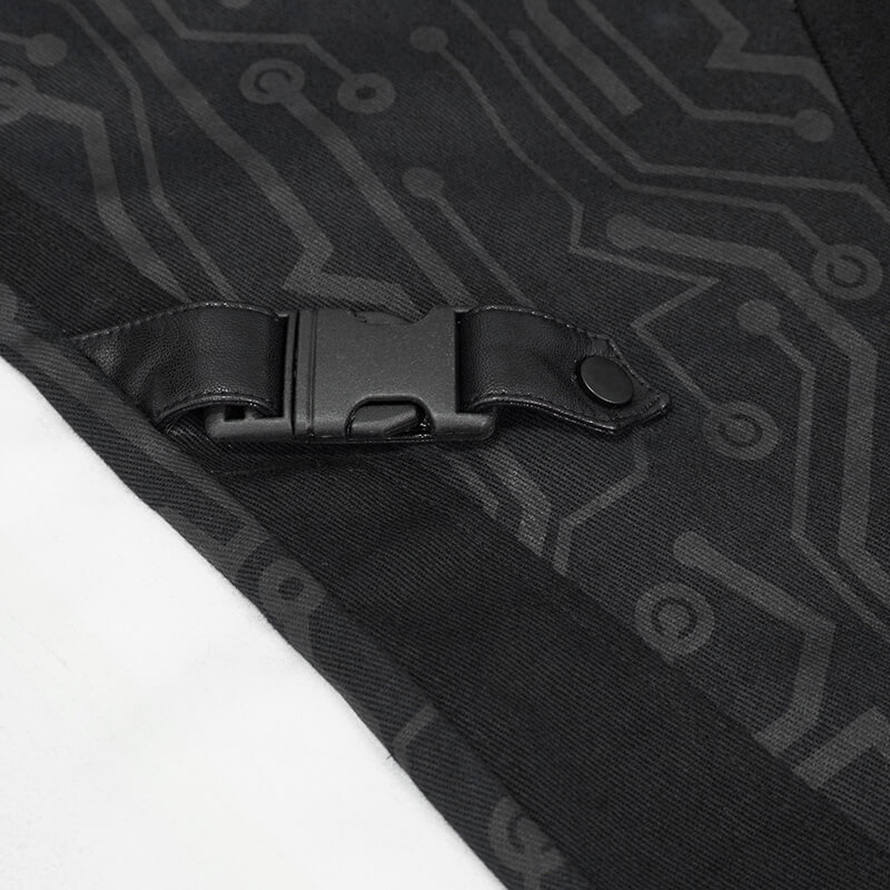 Close-up of black cyberpunk skinny pants with circuit print and sleek buckle detail. Perfect for futuristic fashion.