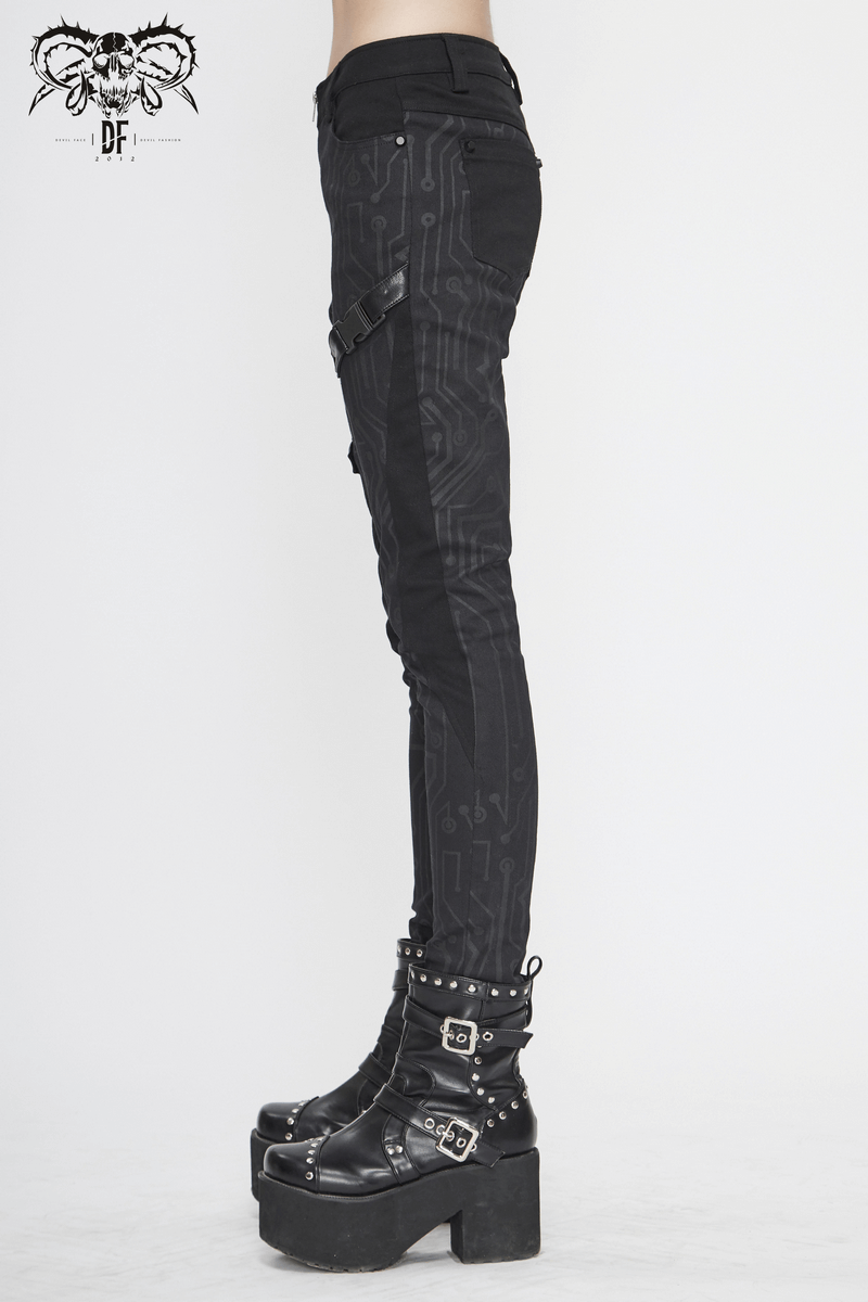 Cyberpunk style women's black skinny pants with edgy print and platform boots, perfect for creating futuristic outfits.