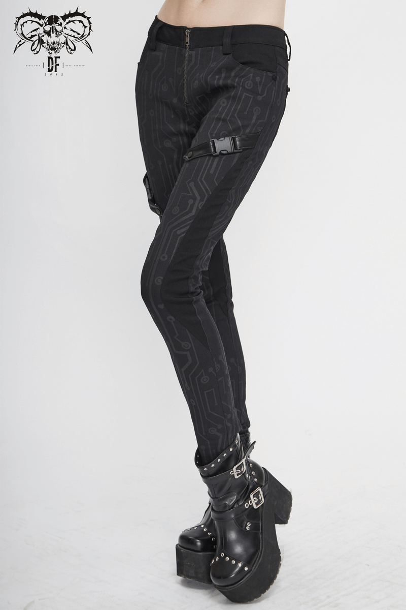 Female black skinny cyberpunk pants with stylish print and buckles, perfect for edgy outfits.