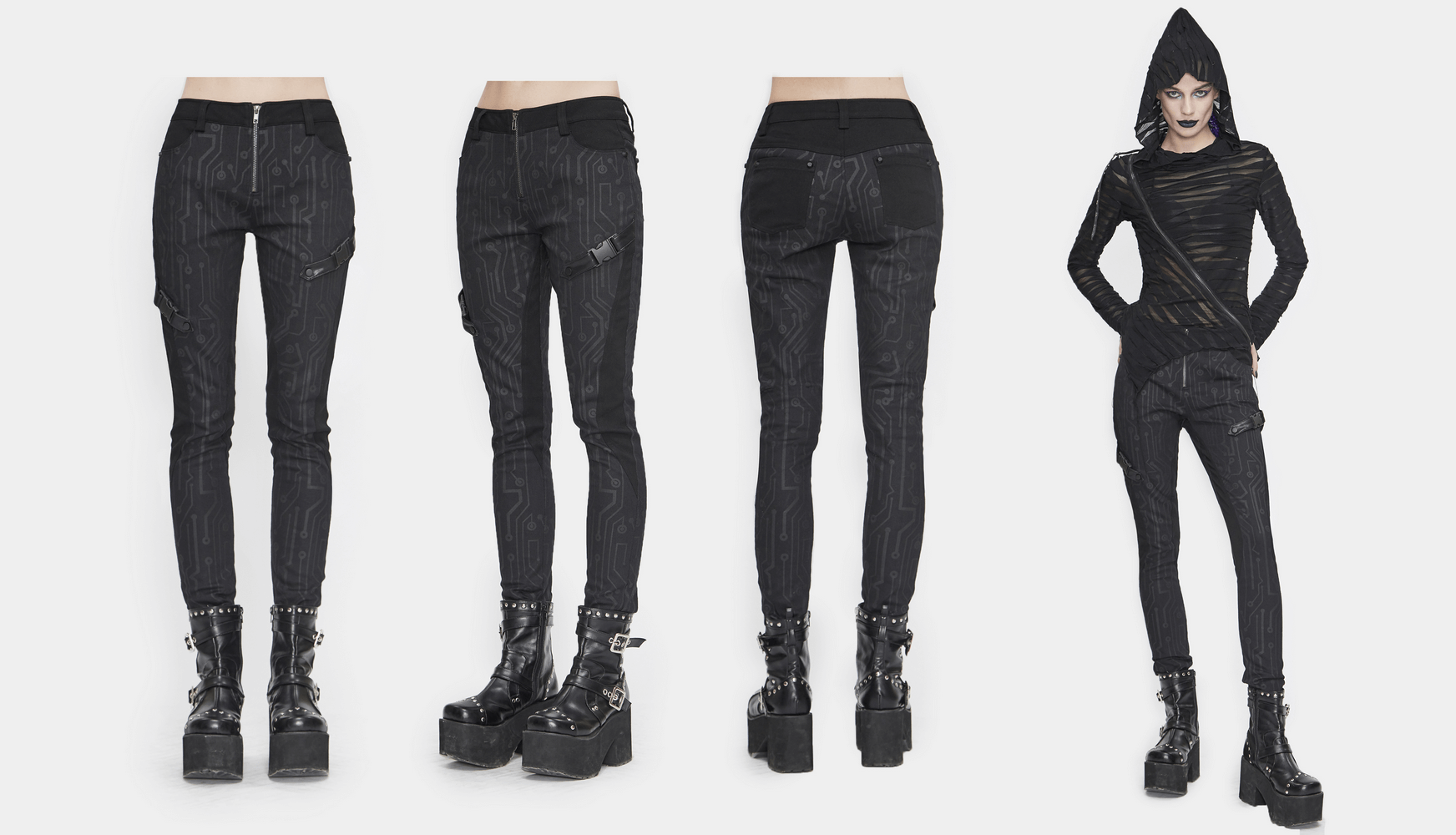 Cyberpunk style women's black skinny pants with futuristic print, shown from multiple angles, paired with edgy platform boots.