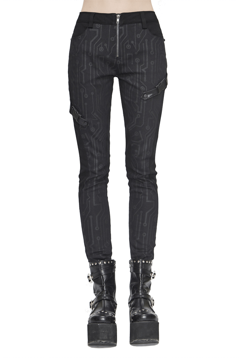 Female Black Long Skinny Pants Printed / Cyberpunk Style Pencil Trousers for Women - HARD'N'HEAVY