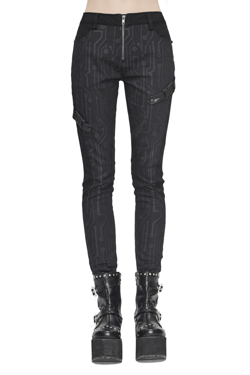 Schwarze lange schmale Damenhose mit Print im Cyberpunk-Stil