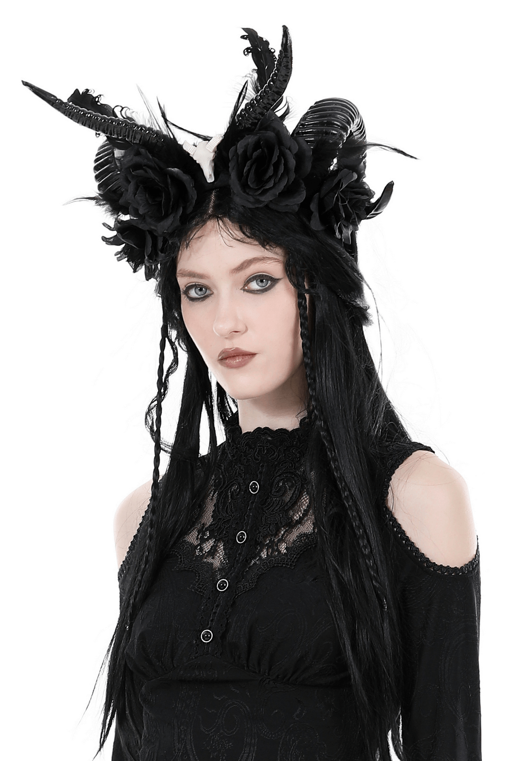 Female Black Roses Gothic Headband with Ram Horns