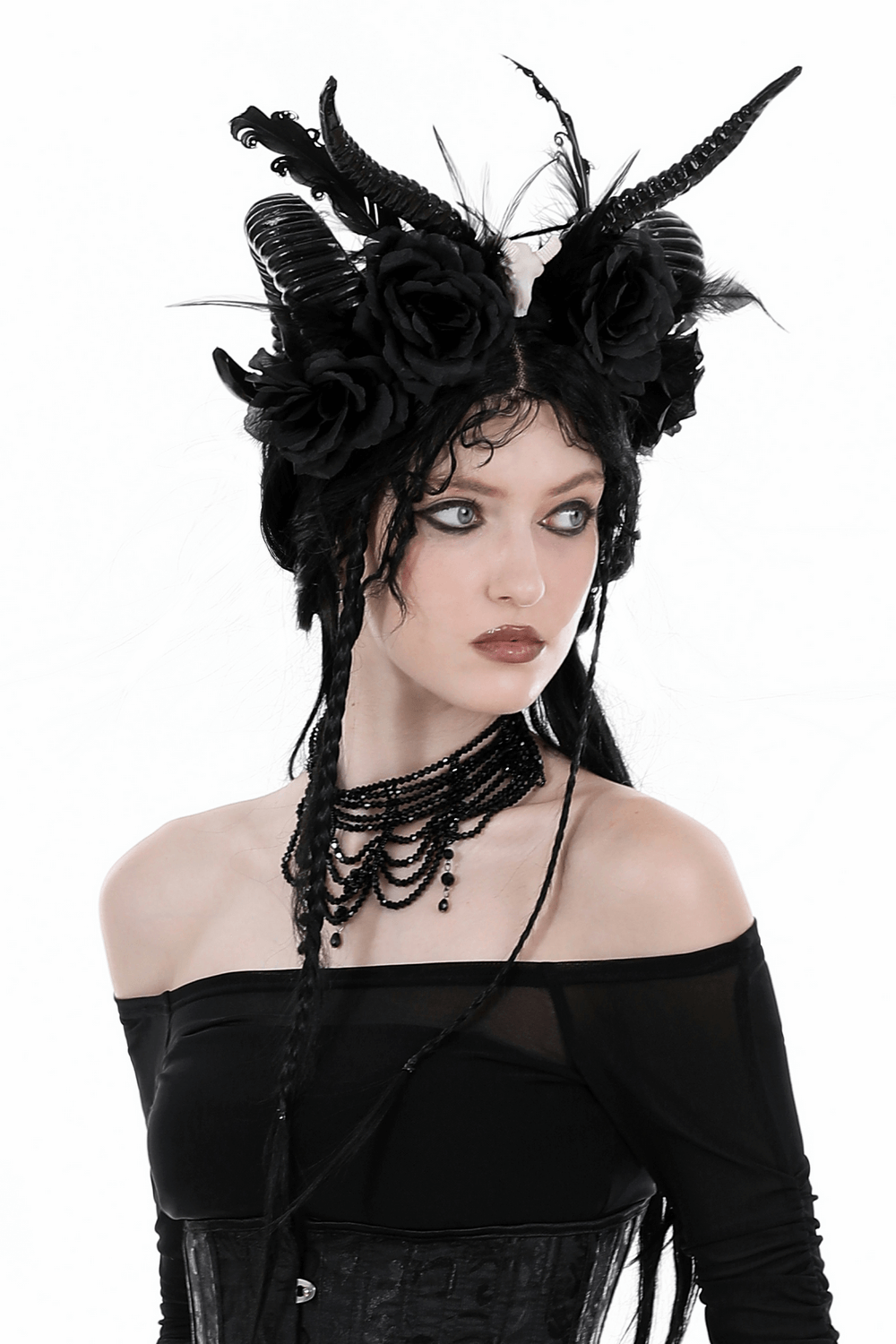 Female Black Roses Gothic Headband with Ram Horns