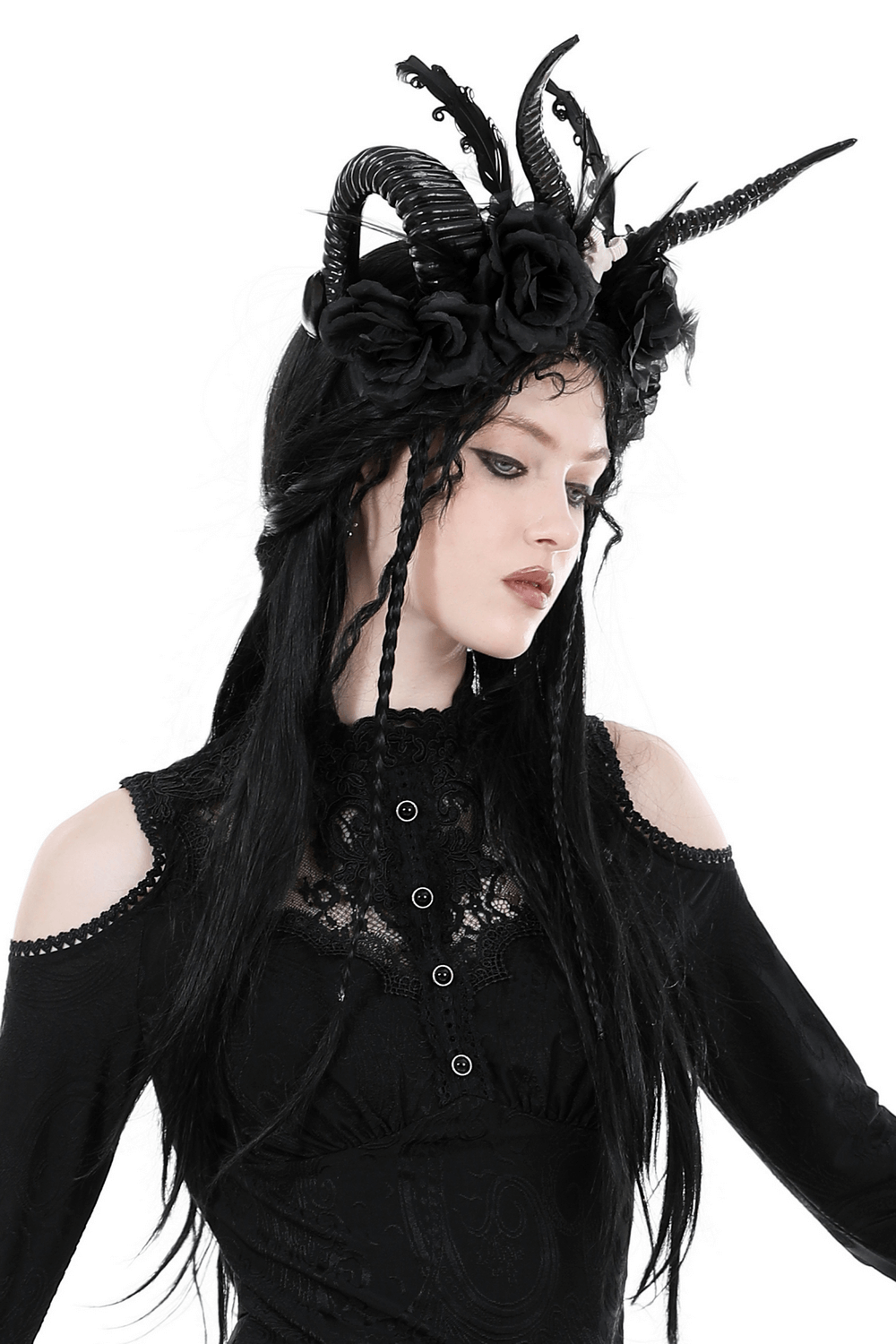 Female Black Roses Gothic Headband with Ram Horns