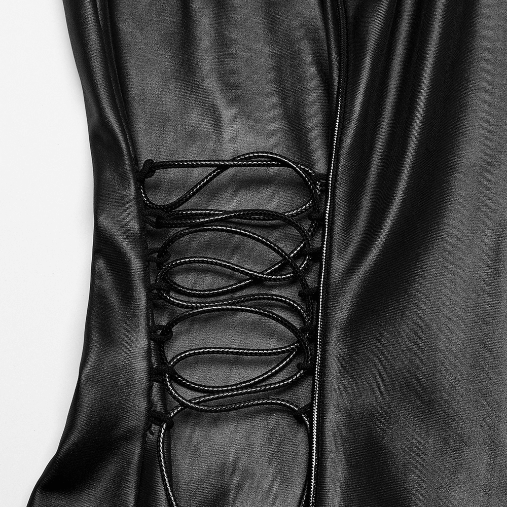 Close-up of black punk style shirt lacing detail, showcasing unique design and customizable fit.