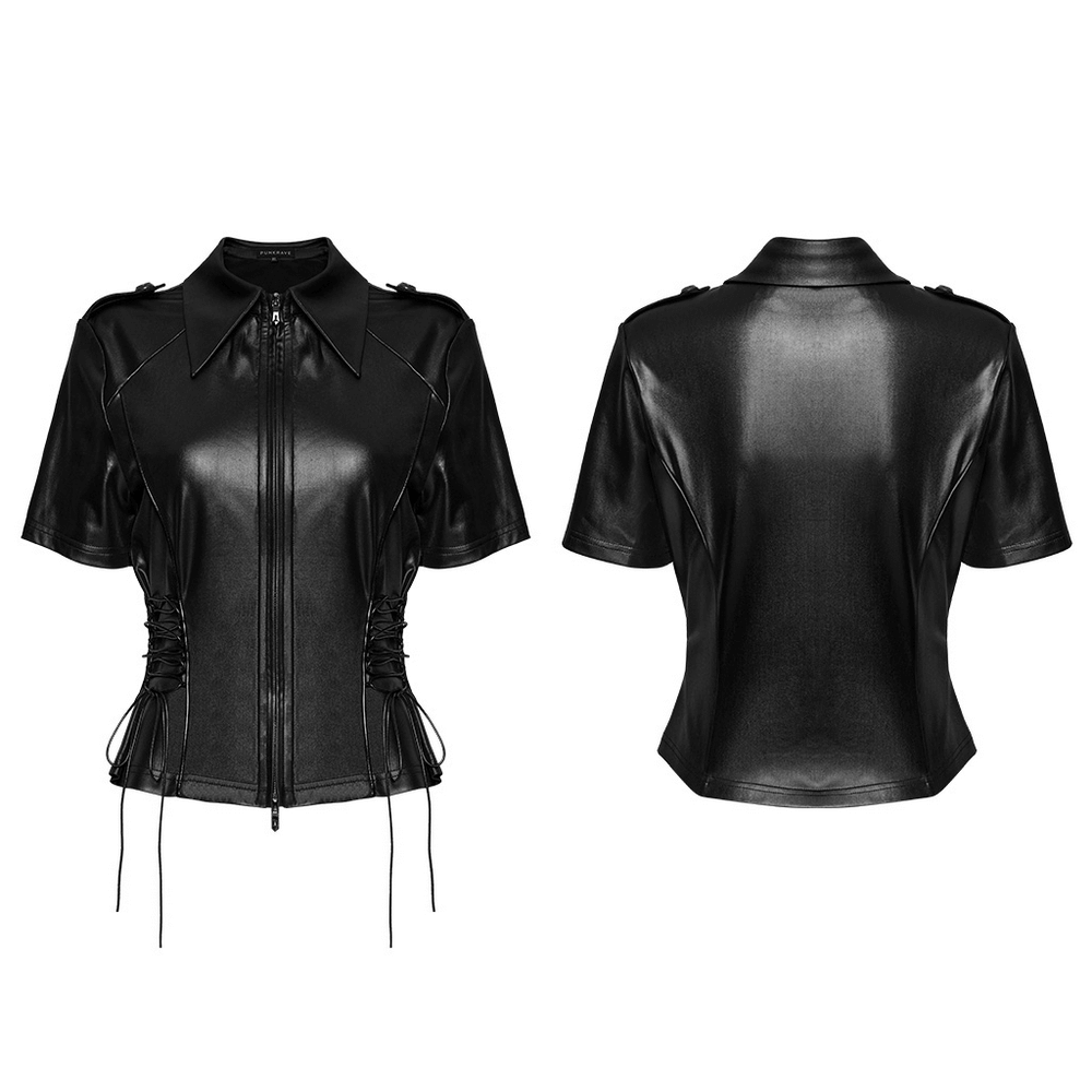 Black zip-up punk style shirt for women with lacing, short sleeves, and a sleek military-inspired design.