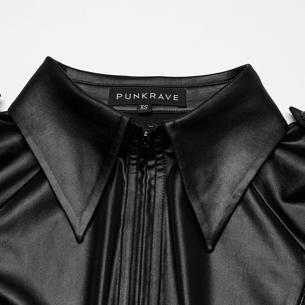 Close-up of a black punk style shirt collar with zip detail and label, showcasing bold fashion vibes.