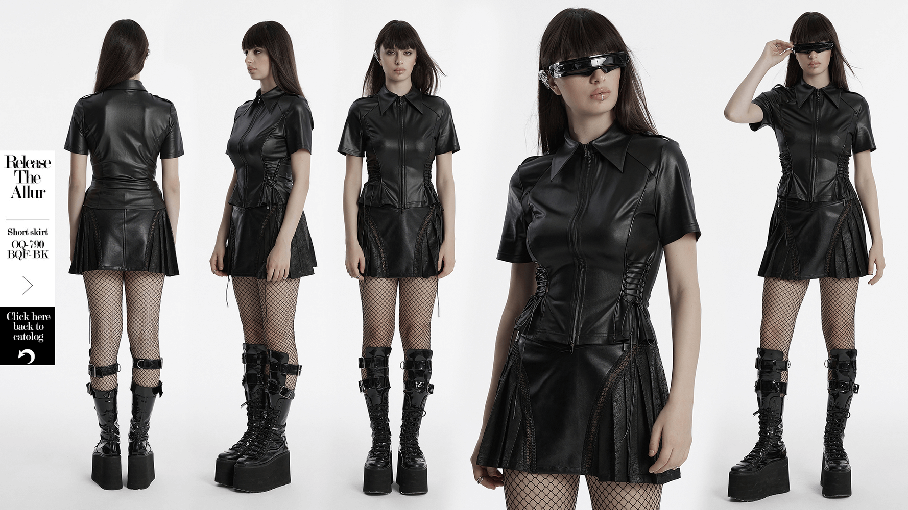 Female model showcasing a black zip-up punk style shirt with lacing and fishnet stockings, radiating bold fashion.