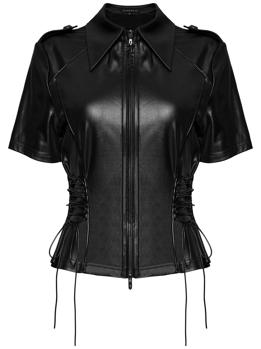 Black zip-up punk shirt for women with lacing, short sleeves, and stylish shoulder loops, perfect for a bold fashion statement.