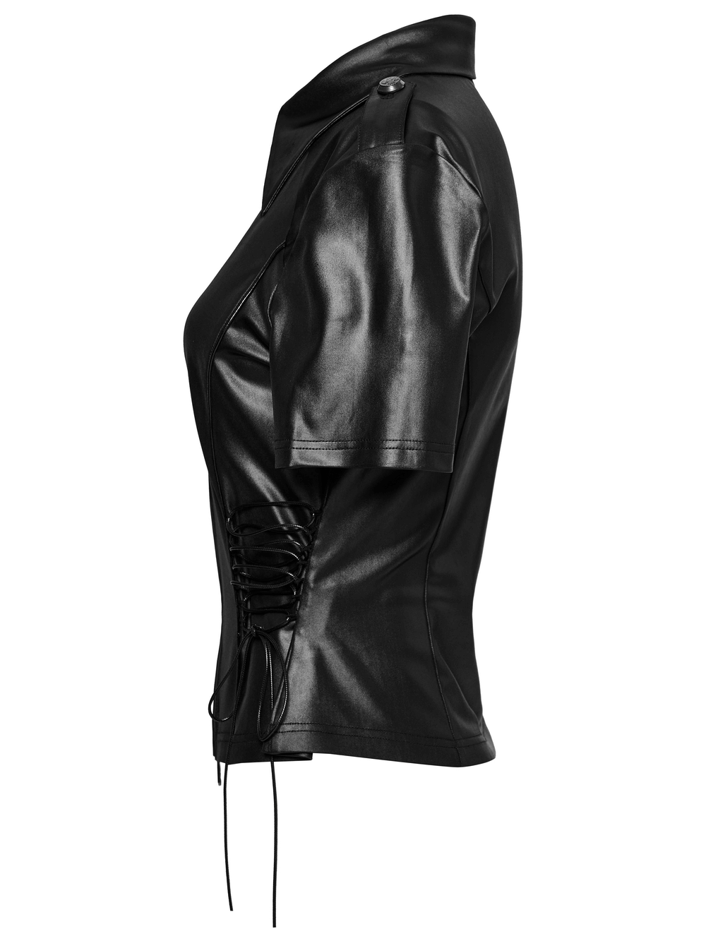 Side view of a black zip-up punk style shirt for women with lacing and short sleeves, showcasing a bold, edgy design.