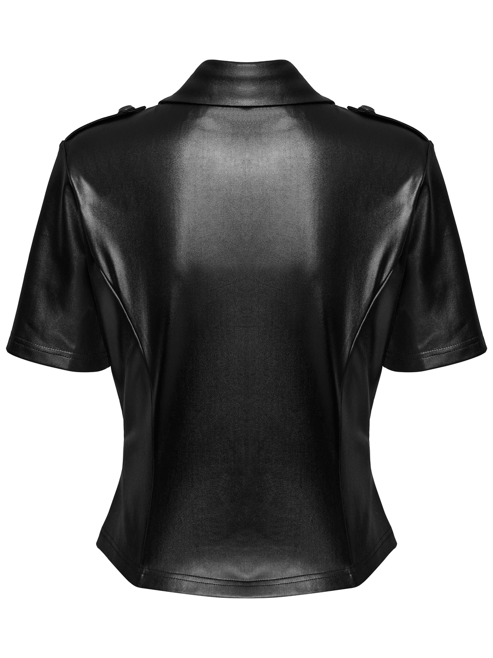 Back view of a black zip-up punk style shirt for women, featuring short sleeves and military-inspired design details.