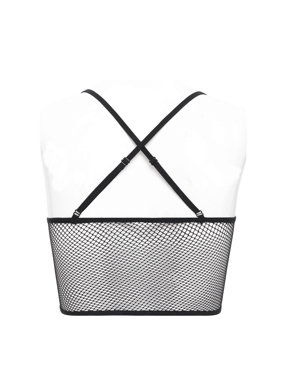 Back view of a black mesh crop top with adjustable straps, perfect for punk and gothic styling.