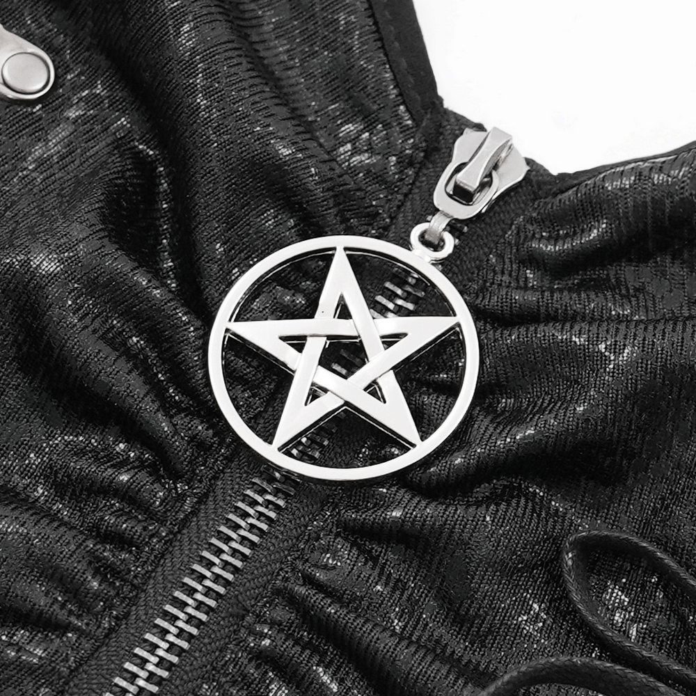 Close-up of a silver pentagram charm on a black crop top, showcasing edgy punk style and adjustable design.