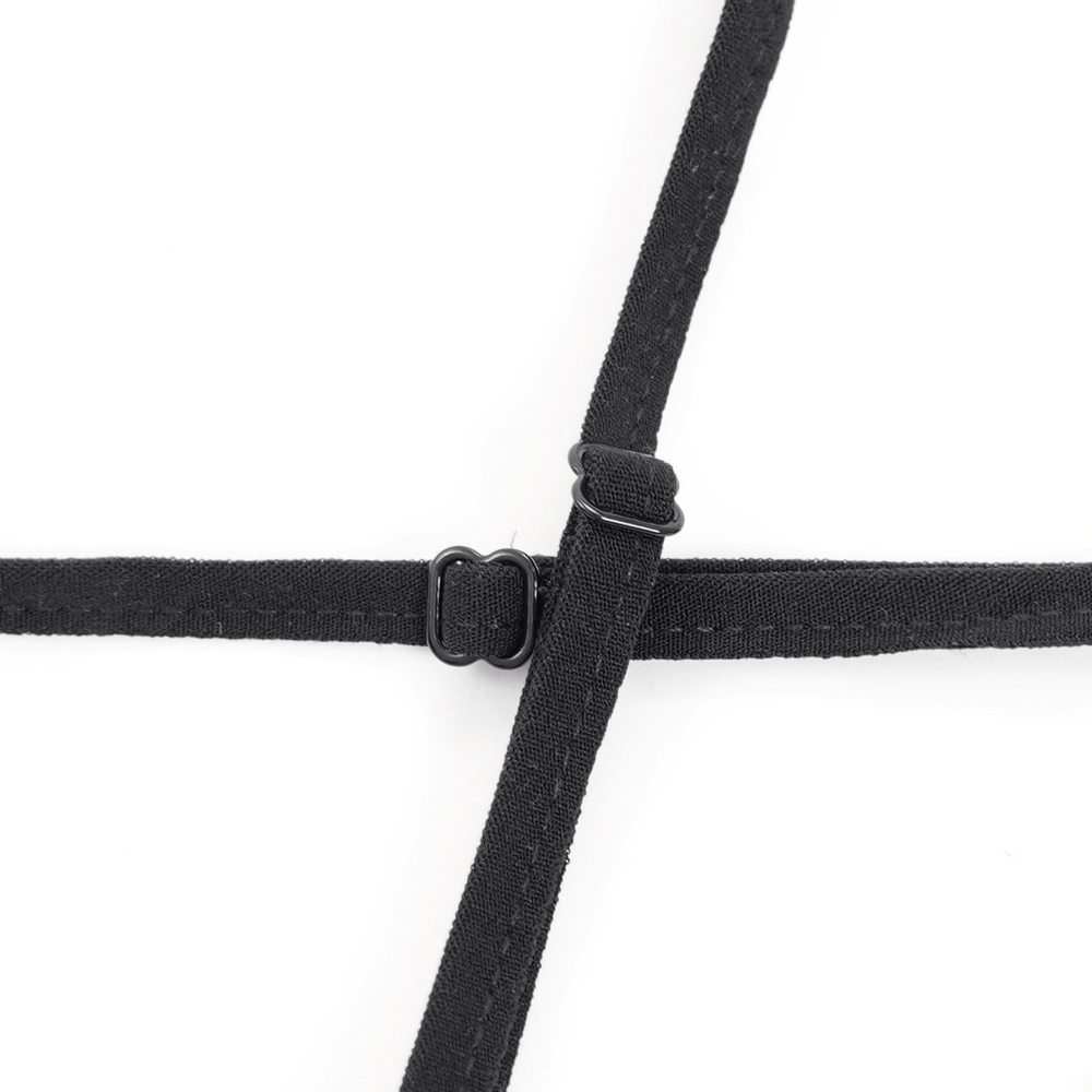 Close-up of adjustable black straps for a punk-style crop top, featuring a secure buckle for customized fit.