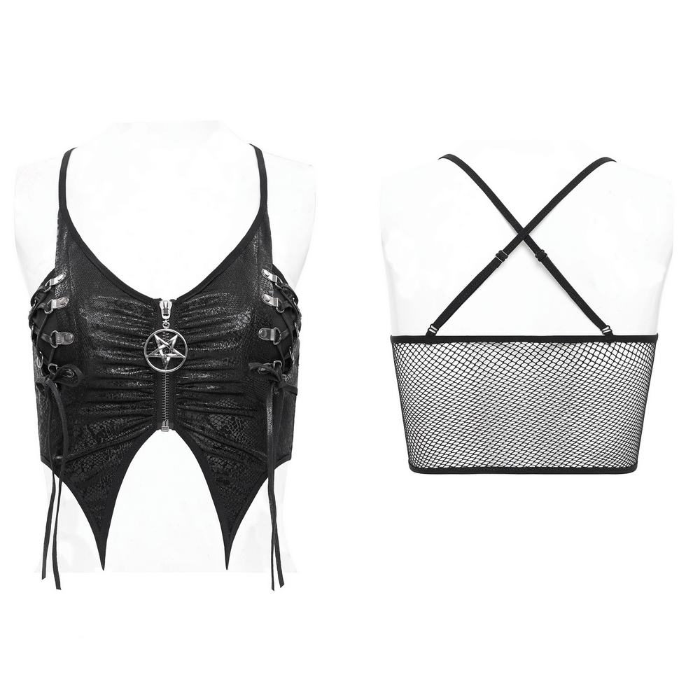 Edgy female crop top with pentagram charm and adjustable straps in black punk style.